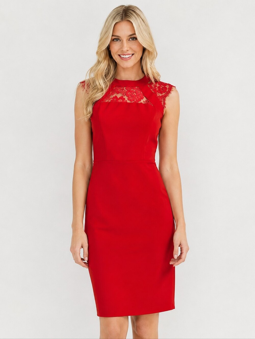 Express Red Lace Midi Sheath Pencil Dress